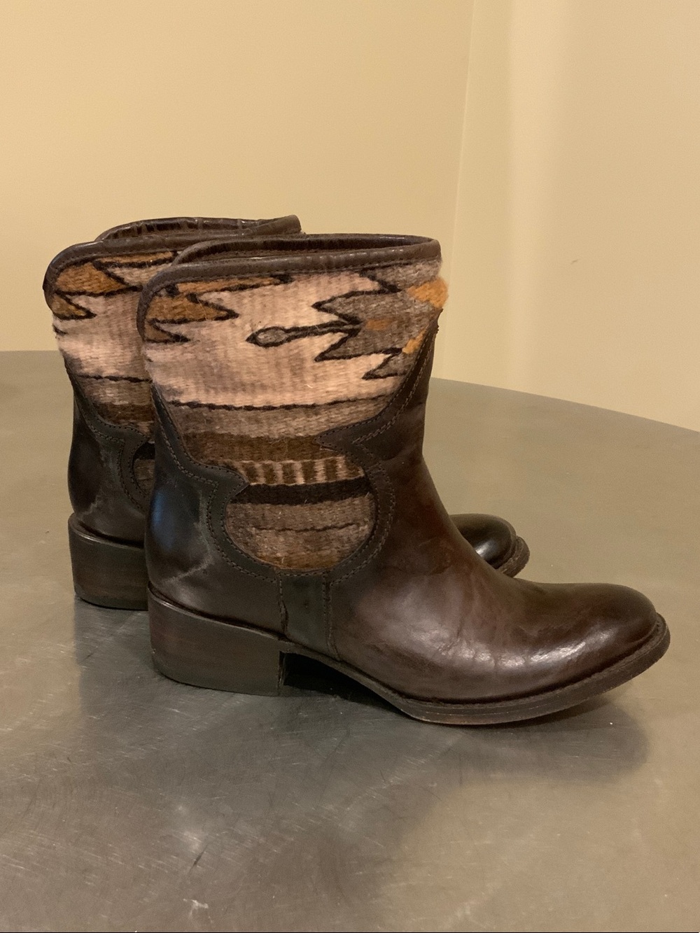 Freebird by Steven Brown Leather Western Ankle Boots with Patterned Fabric Shaft